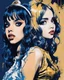 Placeholder: Poster in two gradually, a one side the Singer Danish MØ face and other side the Singer Melanie Martinez face, painting by Yoji Shinkawa, darkblue and gold tones,