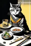 Placeholder: Cat, sitting at a table, eating sushi,perfect iris, ink and pencil, style Tiziano