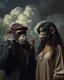 Placeholder: Bosch painting style, nightmare , a male chimpanzee dressed like a teenager with phone talking to a female chimpanzee dressed like a teenager also has a phone asking for her number great quality picture with cinematic scenes , heavy clouds in the background