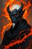 Placeholder: Please generate a male drow warlock for D&D. He should have dark, charcoal indigo-colored skin. He should have orange-colored magic surrounding him. His hair should be cropped and white. He wears robes.