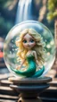 Placeholder: portrait of tiny green mermaid winged fairy with blonde swirly hair completly inside crystal ball bubble at the train station under waterfall,bokeh like f/0.8, tilt-shift lens 8k, high detail, smooth render, down-light, unreal engine, prize winning