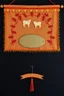 Placeholder: an autumn colored textured cloth banner hanging with embroidered ornamental leaves and cows, small blank oval brass engraving plate in upper middle, banner is downward pointed bottom, on dark background