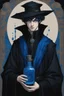 Placeholder: black hair, blue eyes,19year old, male, wearing black robes, alchemist, holding a flask full of blue liquid,wearing crumpled black pointed hat, in the style of Harry Clarke