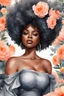 Placeholder: Create an watercolor image of a curvy black female wearing a grey off the shoulder blouse and she is looking down with Prominent makeup. Highly detailed tightly curly black afro. Background of large peach and grey flowers surrounding her