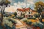 Placeholder: palette knife painting of a placid Spanish villa set amidst surrounding olive groves , in the Expressionist style of Egon Schiele, Oskar Kokoschka, and Franz Marc, highly detailed in muted natural colors with fine detail outlining and shading