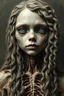 Placeholder: A beautiful girl with long curly hair , half the body , front view . decayed and rotting with grotesque proportions and imagery. grotesqueries, detailed texture, surreal horror, biomechanical design, by hr giger and beksinski