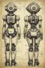 Placeholder: Hand drawn, art by Wayne Reynolds , Daren Bader and Tom Tenery, old paper with detailed schematics of dark dieselpunk cute robotic girl detailed drawings, cross section, concept sheet sketch, 8k