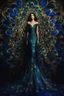 Placeholder: Photography Beautiful Lady dressing luxury party gown Peacock in deep dark luminescence rich colors, reminiscent of abstract luxury, minimalist abstract pattern with dots and lines, clean with some abstract elements, with colors