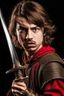 Placeholder: european brown hair young adult royal guard swordsman with rapier scary face screamer