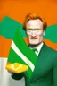 Placeholder: Conan O'Brien with bright orange hair holding orange cheese. "Esperanto flag in background". Green-flag-with-white-star. Green flag in background