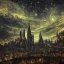 Placeholder: gothic painting of a city in a fantasy starry night photorealistic