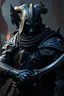 Placeholder: drow male knight, d&d character art masculine features, with daggers light armour and a bow, deep coal-gray skin, 8k, 3d cgi, unreal engine 6, high detail, intricate, cinematic battle background
