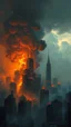 Placeholder: City is completely destroyed by fire in sad theme clouds and sturdy weather in Bsosh nightmares style painting