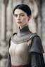 Placeholder: Scandinavian athletically built medieval woman with black short hair, pale skin, pretty lips