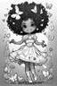 Placeholder: create a coloring page of a chibi girl with a curly afro ponytails dancing around hearts and butterflies. she smilies while shes playing, black and white