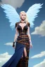 Placeholder: blue sky clouds, blonde steampunk angel in a flowing gown, majestic