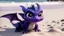 Placeholder: a cute black and burple baby dragon with cute and big eyes shooting purple laser in real life on a beach from the movie How to Train Your Dragon