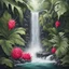 Placeholder: Separate waterfall with tropical leaves and dragon fruit