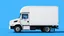 Placeholder: side profile of a white generic North American medium commercial truck with oversized cube box, blue background, Pixar comedic