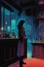 Placeholder: create a hardened, vampire girl, tending bar in a seedy Soho jazz club, in the comic book art style of Mike Mignola, Bill Sienkiewicz and Jean Giraud Moebius, , highly detailed,, grainy, gritty textures, , dramatic natural lighting