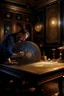 Placeholder: astrologer draws a star map, antique interior, baroque, night, moon is shining, planets