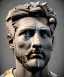 Placeholder: Gran angular, Realistic image, roman sculpture, marble deluxe material, Lionel Messi, gold Laurel leaves crown model, miguel angel style, chisel style, emperador, God light, god rays, 4k resolution, smooth details, ornate details, soft lighting, unreal engine 5, soft cyan background.