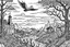 Placeholder: black and white line drawing captures a mysterious landscape. In the distance, a forest burns with towering flames that reach into the skies, while fiery burning birds soar across the apocalyptic horizon. Earthly creatures are in a frenzy, fleeing towards an unknown horizon as they seek refuge from the unfolding chaos. Amongst the desolation, ruins of buildings stand as silent witnesses to the calamity. To the right, bewildered crowds of people gather, their faces reflecting fear and uncertainty