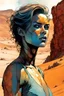 Placeholder: create a fine art print illustration of a rugged gritty, roughly textured Fremen female with highly detailed feminine facial features, traversing a a rocky outcrop amidst the desert sands of Arrakis, dusty, gritty, in the comic book art style of Bill Sienkiewicz, and Jean Giraud Moebius, finely textured, drawn, colored, and inked,