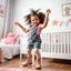 Placeholder: a 2 years old girl in modern clothing and makeup dancing with cute and joy with pertty boots in a baby bedroom