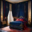 Placeholder: Bedroom in midnight blue, red and gold. A wide old bed and a large window with curtains