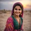 Placeholder: Pakistani Pukhtoon young-woman smiling & has beautiful black-eyes with simple colorful dress at cloudy sunset