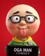 Placeholder: A 3D animated character with a round face, prominent eyes, and a small, protruding tongue. He is wearing glasses, a green jacket with a yellow collar, and a badge on his jacket that reads 'IKENGA Obodo Oma!'. He holds a black signboard with white text that reads 'OGA MAN COMEDY'. The character is positioned against a red background.