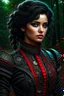 Placeholder: dull body, depth of field, photorealism, downlight, Magic camping site, beautiful, ornate dress uniform, black wavy hair, enchanted fantasy, cinematic composition, very detailed red machine components, one camera lens eye and shiny black hair, hazel green eyes, 24k, ornate, intricate, complex, digital painting, smooth, art by royo and tom bagshaw.