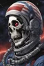 Placeholder: A close up of a skeleton face looking shocked, in an astronaut helmet and suit floating in space. inside the hollow eyes are red shining lights, scary. On his suit is an American flag and in his one hand is a small wavering American flag, on it is written "boned in the USA". From the back of his suit is blowing out blue, white and red smoke. Realistic, 8k, highly detailed, funny