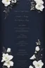 Placeholder: An extremely formal, funeral program for a black man on darkest blue deeply pigmented velvet paper with brilliant, brightest heavy white fonts, simple, minimalistic, less element, very dramatic lighting, detailed, white flowers,