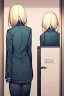 Placeholder: blonde girl with jacket runs in a corridor, back view, line arts, manga style