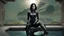 Placeholder: Fantasy Photo Of A Woman With Black Hair, Wearing A robot-looking catsuit, Sitting sideways On A Ledge next to a Pond, With A Planet Behind Her Head