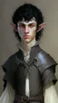 Placeholder: a teen elf. he has curly, black hair and sharp cheekbones. His eyes are black. He wears fantasy medieval clothes. he is lean and tall, with pale skin. with all full body