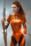 Placeholder: Beautiful futuristic girl, wearing orange glowing armor, orange eye make-up, holding swords, two swords,