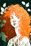 Placeholder: one line painting portrait of orange curly hair white girl holding leafy and cherry plants background