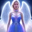 Placeholder: portrait of a beautiful woman with an angel face smiling, pink and blue dress, jewels, soft light aura