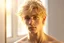 Placeholder: A macro portrait of an athletic teen boy with honey brown eyes, messy golden blond hair, cute, innocent and thoughtful, leaning against a window, a hint of facial hair, no shirt, shirtless, inside an empty room with warm sunlight streaming in, detailed, high definition, 4K, 8K, quality render