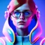 Placeholder: redhead woman teenager, freckles, big pilot glasses, padded coat, retro futuristic, latex dress, gradient color, BLUE, PINK, CYAN, neon, insanely detailed, 16k resolution, perfect eyes, cinematic smooth, intricate detail