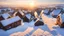 Placeholder: angel's view medium close from above a barn owl flying over a winter small village, snowy landscape, little light, sunrise, some small Hungarian old country houses from above, perspective, high detailed, sharp focuses, photorealistic, cinematic