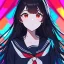 Placeholder: Clear focus, High resolution, long black fluffy hair, red eyes, chopped bangs, wearing a sailor uniform, wearing a sailor skirt, colorful, hollywood, female, no outlines, extreme close up, rough line sketch