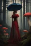 Placeholder: tall slim woman in a dress, in a forest, holding an umbrella made from a fly agaric mushroom, detailed matte painting, deep colour, fantastical, intricate detail, complementary colours, fantasy concept art, 8k resolution, Unreal Engine 5