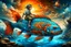 Placeholder: dreamlike, Esao Andrews-esque scene where a barefoot boy in tattered overalls rides atop a colossal, iridescent koi fish through a surreal twilight lagoon, his arms wrapped around the fish's sleek, glistening body as if it were a trusty steed. The fish's scales shimmer with impossible huespearlescent blues melting into burnt orangeswhile its fins fan out like delicate silk banners torn from some celestial tapestry. Around them, the water refracts into liquid prisms, distorting reflections of gna