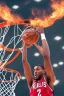 Placeholder: 8k, highly realistic and detailed image of a NBA basketball player in action dunking the ball in the net, sweaty hair, screaming look,action and smoke and flames background