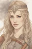 Placeholder: A drawing of beautiful woman with blond hair, viking braids Brown leather armor. Horse