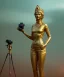 Placeholder: Statue of Queen of photography holding camera in hands. Cute blonde woman. Photographer in golden crown. Standing on the street. Big camera in her hand. hyperdetailed, photorealistic, trending on artstation, greg rutkowski, beksinski, kodachrome, volumetric lighting, gold and cyan